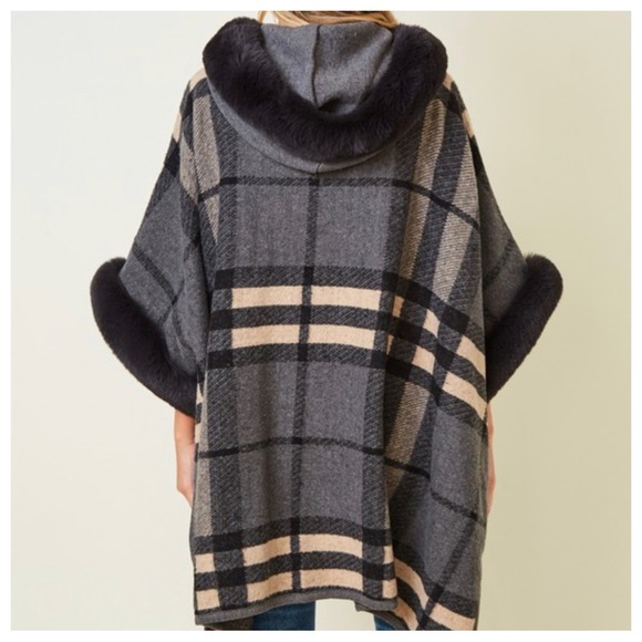 #47 Boho Fabulous Plaid Fur Trim Hooded Oversized Cozy Jacket Poncho - Picture 8 of 11